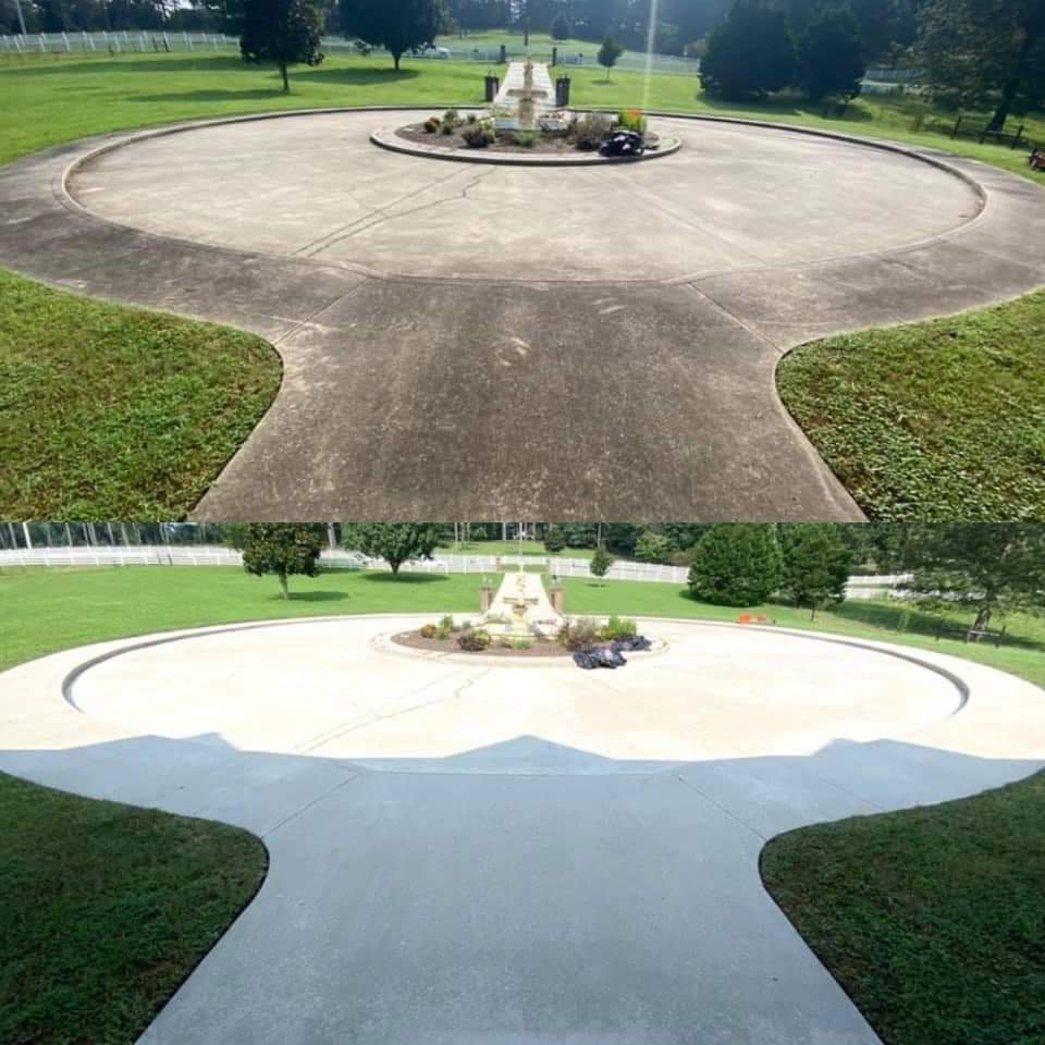 Concrete driveway before and after being cleaned in Muskoka Ontario