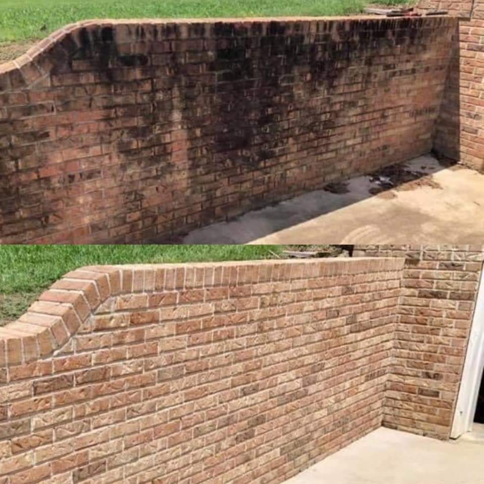 A brick wall before and after being cleaned of organic buildup in Muskoka Ontario