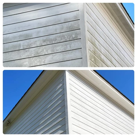 White siding on a home in Muskoka after professional soft washing, showing a clean and bright exterior finish.